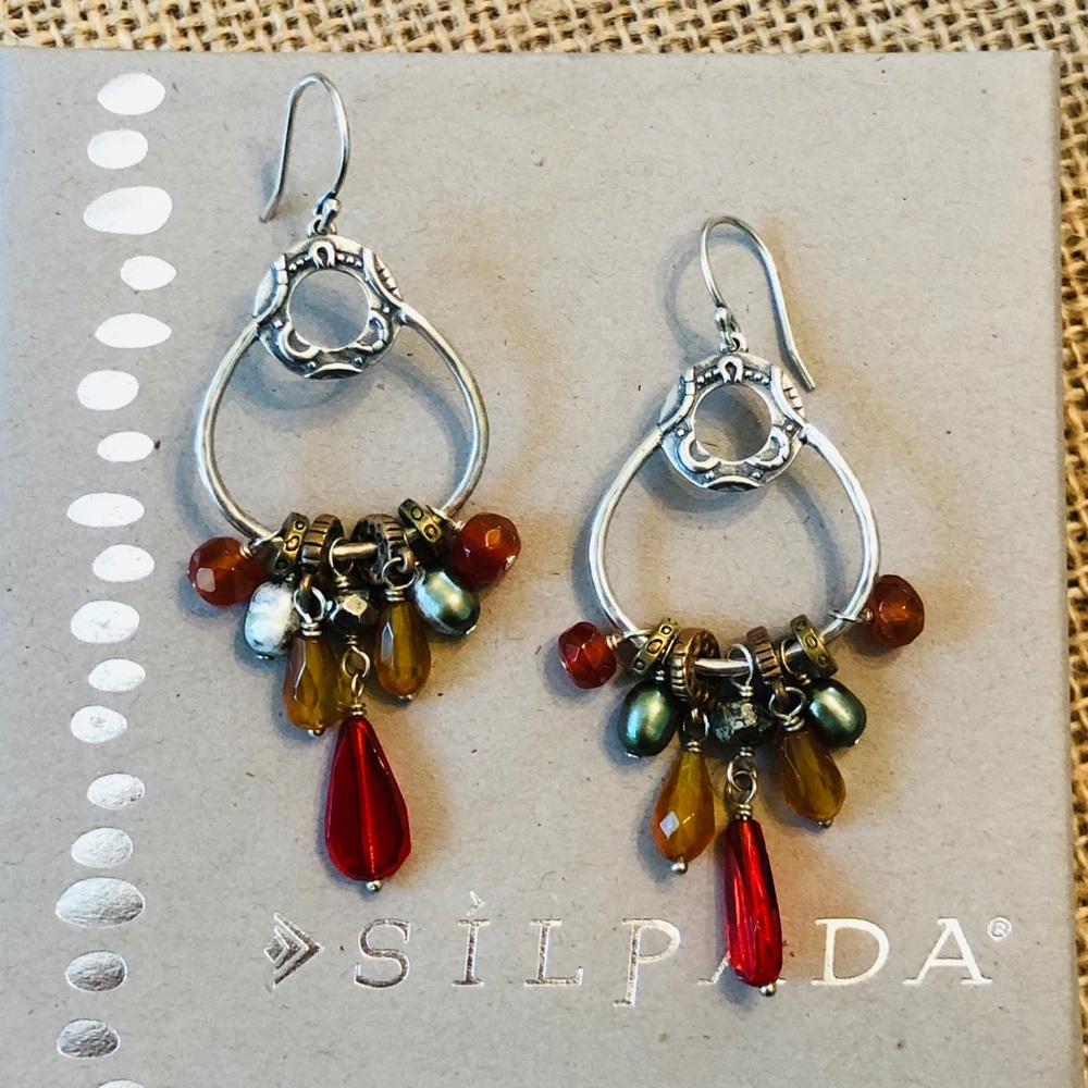 Silpada Gemstone Sterling Silver .925 Artisan Red Orange Chandelier Earrings